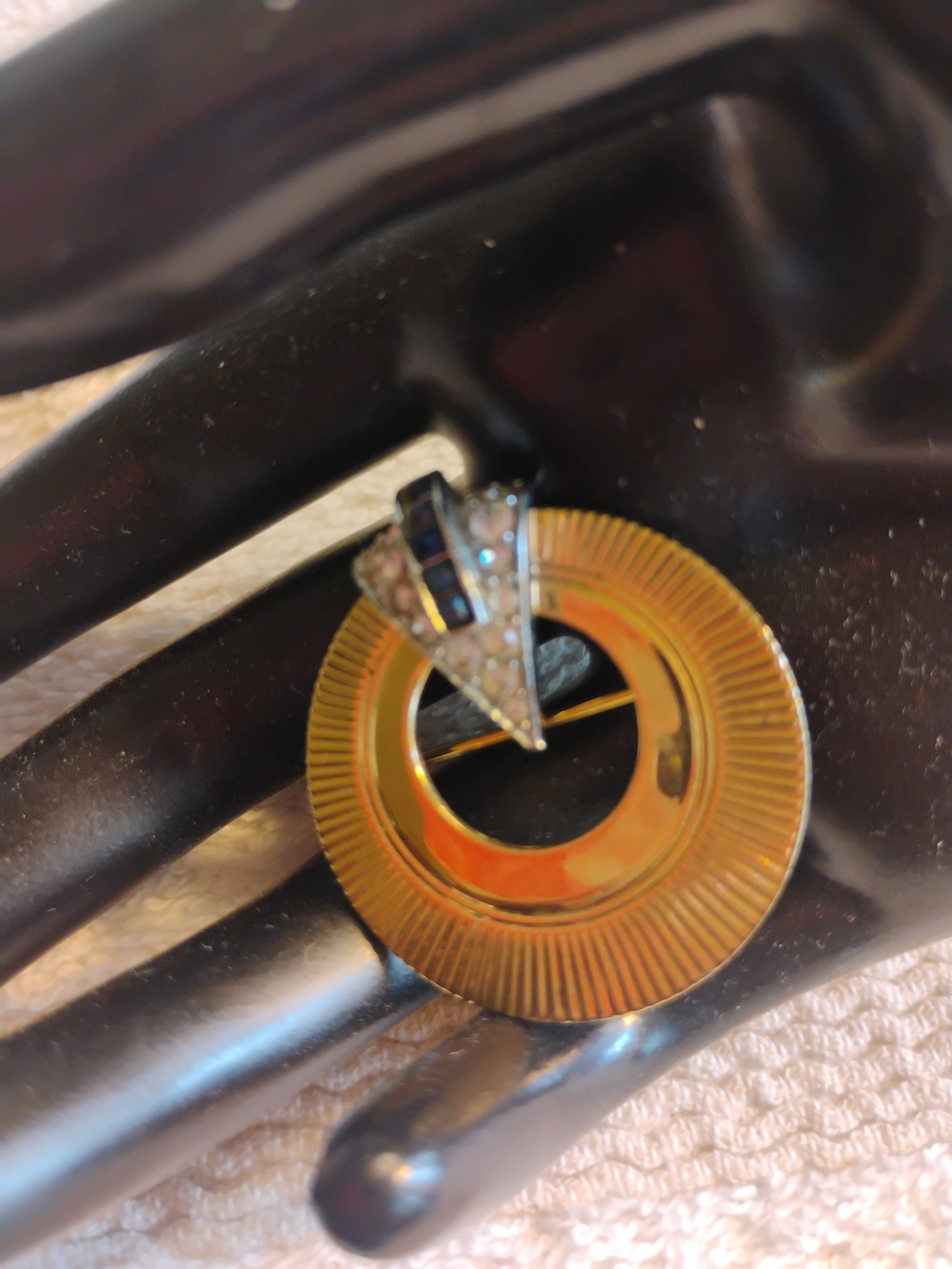 Gold-Tone Circular Pendant Brooch with Crystal Accent